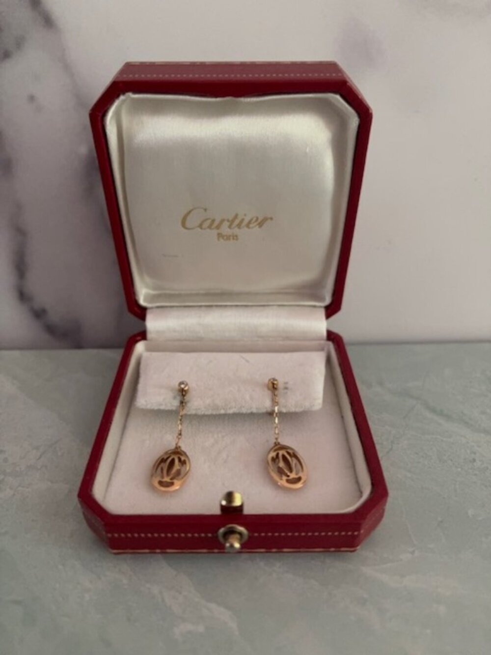 Cartier Vintage Logo 'C de Cartier' Earrings 18k Gold Diamond Drop Elegant Luxe